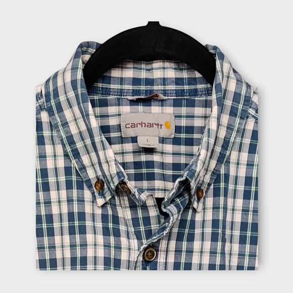 Mens Carhartt Relaxed Fit Short Sleeve Button Down Blue Plaid Size Large - Picture 2 of 4